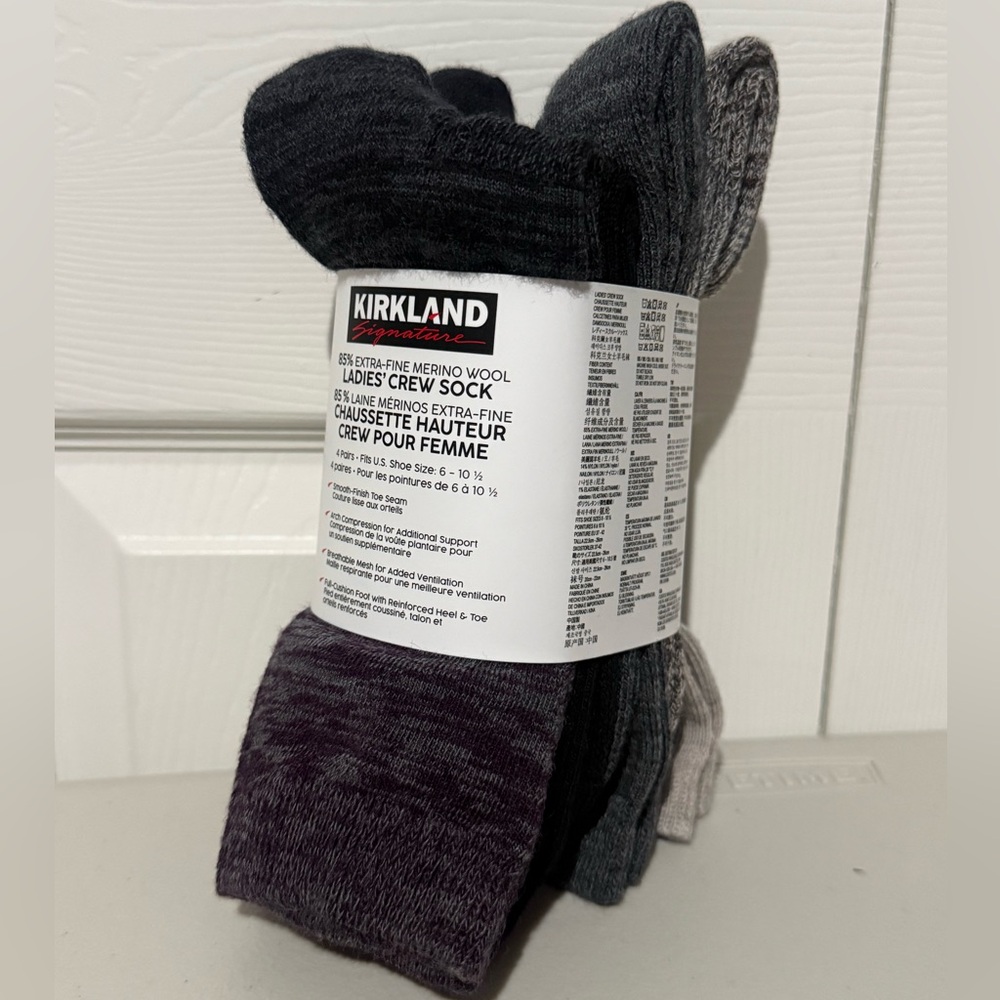Kirkland Signature Women's 4 Pairs Crew Socks, Multicolor, Shoe Size 6-10.5